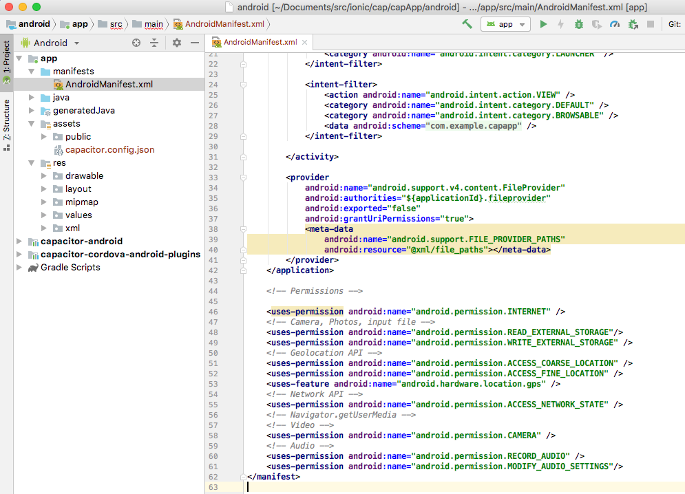 Android Manifest Permissions Android Studio editor showing the AndroidManifest.xml file with camera permissions.