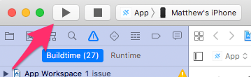 Xcode Build Button Xcode toolbar highlighting the Build button used to compile and run an iOS app.